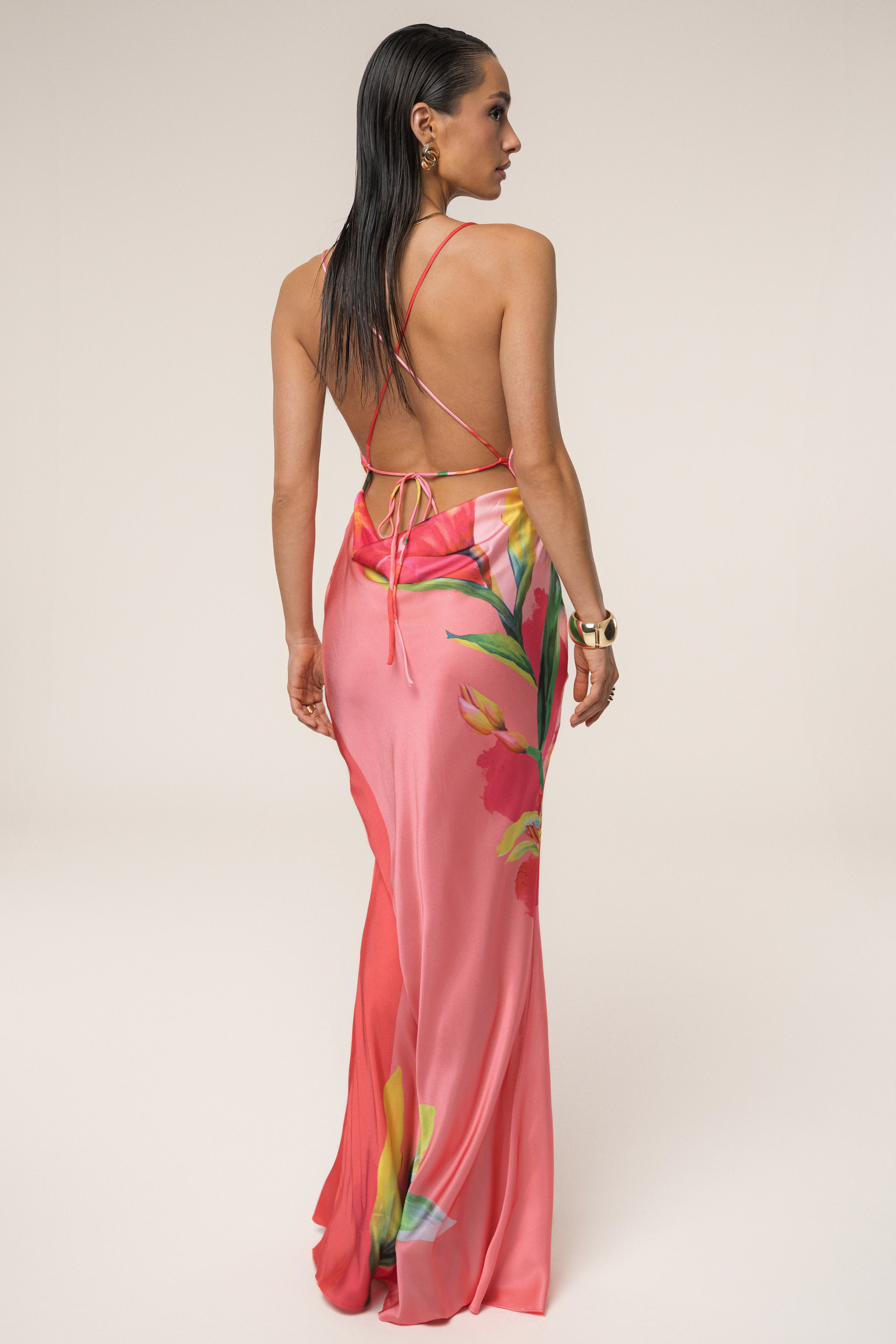 PRE-ORDER Pink Satin Floral Print Maxi Dress - JLUXLABEL